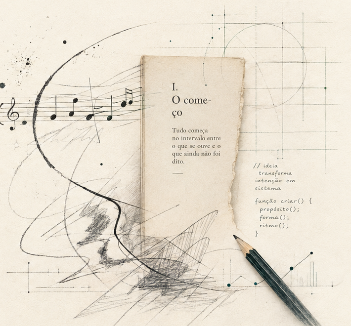 Colagem com partitura, livro, grafite, desenho e elementos técnicos